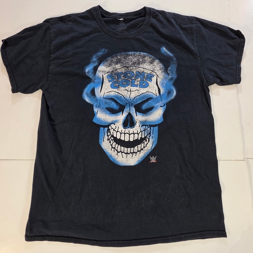 WWE Stone Cold Steve Austin Smoking Skull Graphic T-Shirt Mens Large Black Blue